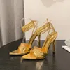 Sandals Summer Women's Strappy High Heels Solid Color Pointed Toe Stone Pattern Sexy Stiletto