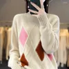 Kvinnors tröjor Kvinnor S Autumn Winter 100 Cashmere Sweater Half Turtleneck Color Block Jacquard Loose Fit Pullover Sticke Wool Base