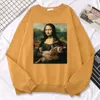 Kvinnors hoodies tröjor trend enkel kvinna tröja berömd målning mona lisa håll katt kreativitet tryck hoodies fleece mjuka tröjor lösa varma toppar