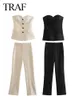 TRAF femmes vêtements 2 ensembles bouton bretelles débardeurs taille haute mince jambe droite fente pantalon costumes femme Chic Streetwear 240105