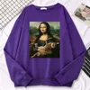 Kvinnors hoodies tröjor trend enkel kvinna tröja berömd målning mona lisa håll katt kreativitet tryck hoodies fleece mjuka tröjor lösa varma toppar