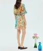 Vestido de designer australiano de linho com gola redonda, manga curta, camisa estampada floral, minivestido