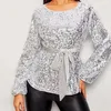Fashionable sexy sparkling sequins sparkling party shirts women's elegant spring O-neck lace slim fit shirts autumn long sleeved women's tops 240106