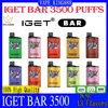 Kit d'origine IGET BAR 3500 bouffées de cigarettes électroniques jetables Kit de démarrage de vape Pod Cartouche préremplie de 12 ml Batterie d'alimentation de 1500 mAh Authentique roi de la légende