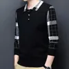 Primavera e outono pulôver masculino lapela botão xadrez contraste parafuso rosca manga longa tshirt polo underlay moda formal topos 240106