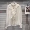 Blouses pour femmes Mode Vintage Chemises en mousseline de soie à volants Femme à manches longues Élégant Chemisier coréen Femmes Col montant avec diamant Slim Tops