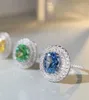 Bandringar Fashion Jewelry Cubic Green Zircon Oval Cut Cluster Halo Ring Women's Silver 925 Rings Zircon Rings for Women Free Fraktl240105