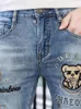 Men's Jeans Mens Kawaii Bear Embroidery Beading Slim Fit Pencil Pants Casual Streetwear Long Denim Man Fashion Cowboy Stretchy