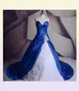 Vintage Royal Blue Satin Wedding Dresses White Organza Lace Applique Chapel Train Wedding Bridal Ball Gown Beaded Custom Made Plus8538296