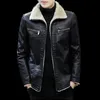 Inverno homens jaqueta de couro cor sólida forro veludo negócios lapela comprimento médio manter quente couro preto blusão S-4XL 240106