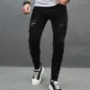 Mäns jeans 2024 Skinny Mens Black Mid midja Slim Fit Ripped Stretch Denim Pants Male Jean Casual Hip Hop Streetwear Trousers Man