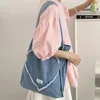 Borda áspera denim mulheres bolsa de ombro amor coração em forma de pano bolsa grande saco de compras feminino livros escolares tote eco bolsa de lona 240106