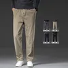 Outono inverno calças casuais de veludo masculino cintura elástica negócios solto em linha reta cáqui preto calças grossas roupas marca masculina 240105