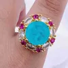 Pierścienie zespołowe 18K Gold Pave Ruby Color Cz Synteza Paraiba Tourmaline Flower Cluster Pierścień zaręczynowy Blue Stone Pierścień Wedding Jewelryl240105