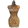 Gold Rhinestones Mesh Bodycon Short Dress Sexy Transparent Sleeveless High Neck Women Birthday Prom Evening Celebration Gown Singer Model Stage Costume