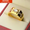 Hoyon Real Coating Gold Jewelry 24K Original Ring for Men Wedding Bands Imitate Diamond Cubic Zircon Gems Resizable Finger Ring 240105