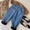 Autumn Winter Children Boys Pants Patched Pocket Elastic Waist Jeans Cotton Thick Stretch Toddler 240106