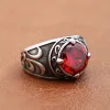 Vintage Blue/Red/Black Stone Rings for Men Women Punk Rock 14K White Gold Carving Ring Fashion Amulet Jewelry Gift