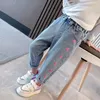 Princess Jeans Pants Girls Denim Trousers Kids Baby Embroidered Elastic Waist Childredn Long Pant for Girl 240106