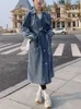 Spring Autumn Denim Trench Women Fashion Lapel Single Breasted Jacket Lady Vintage Pockets Laceup Long Jean Coat 240105