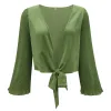 Blus för kvinnor plus size Solid Bell Sleeve Pleated Chiffon Shirt Strap Cardigan Topps Summer Bluses For Women Blusas