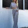 Kvinnors tvådelade byxor Tassel Sequin Party Outfit Set Long Sleeve Croped Top för kvinnor O-Neck Crop Tops