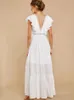 Sexy Deep V-neck Butterfly Sleeve Maxi Dress White High Waist Mid-length A-line Dress Casual Women's Summer Holiday Dress D9 240106