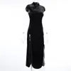 Etnik Giyim Vintage Siyah Bandaj Çin tarzı Cheongsam Yüksek Bölünmüş Velvet Elbise Bahar 2024 Retro Uzun Qipao Gotik Kadın Estetik
