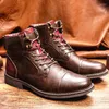 Bottes élégantes rétro hautes chaussures en cuir pour hommes robe d'affaires travail marron mâle à lacets plat décontracté confortable