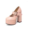 Klänningsskor 2024 Summer Chunky Heels Pure Color Pink Women Waterproof Block Square Toe Platform Consice Pumpar Big Size 44 45 46 47