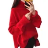 High Quality Soft Thick Warm Red Collar Knitted Pullover Sweater Women Autumn Winter Loose Casual Turtleneck Knit Jumper 240106