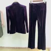 Velvet Blazer Pants Women Ställ Purple Brown Autumn Winter One Button Jacket Flare Two Piece Office Kvinnlig kostym 240106