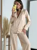 Women's Two Piece Pants Thin Shirt Ice Silk Pajamas 2 Sets Women CasualLong Sleeve Set Spring Ladies Loose High Waist Suit