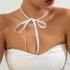 Goth Wedding Party Jewelry Long Black Ribbon Choker Necklace For Women Elegant White Imitation Pearl Beach Vacation Necklaces