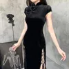 Etnik Giyim Vintage Siyah Bandaj Çin tarzı Cheongsam Yüksek Bölünmüş Velvet Elbise Bahar 2024 Retro Uzun Qipao Gotik Kadın Estetik