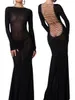 Durchsichtiges, figurbetontes langes Damenkleid mit langen Ärmeln, durchsichtiges Netz-Maxikleid, rückenfrei, zum Binden, Club-Partykleid, sexy, lässig, täglich, 240106