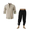 Men's Tracksuits 2 Pcs/Set Men Shirt Pants Suit Viking Style Top Harem Trousers Set Stand Collar Lace-up Renaissance Medieval Male Tracksuit