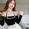 Dames T-shirts Koreaanse mode T-shirt met lange mouwen Herfstontwerp Voel hangende nek Unieke hoge taille korte tee-top Vrouwelijke kleding