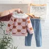 Spring Autumn 3PCS Girls Clothing Set Cartoon Bear Sweater Coat Long Sleeve Shirt Washed Jeans Pants Baby Clothes 240106