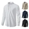 Camicie casual da uomo 2024 Camicia a maniche lunghe in cotone e lino Hippie Beach con colletto rialzato in tinta unita