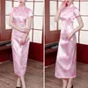 Ethnic Clothing Women Cheongsam Dress Retro Printed Floral Print Side Split Evening Party Chinese Classic Qipao Satin Long