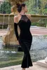 Casual Dresses Design Black Sexy Women's Autumn French Hepburn Style Velvet Halter Fishtail Dress