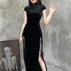 Etnik Giyim Vintage Siyah Bandaj Çin tarzı Cheongsam Yüksek Bölünmüş Velvet Elbise Bahar 2024 Retro Uzun Qipao Gotik Kadın Estetik