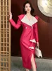 High Quality Fashion Prom Dress Women Chic Professional Rose Red White Contrast Ruffle Slit Robe Business Party Vestidos Spring 240106