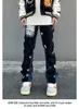 Design sens splash ink graffiti jeans high street ambibe pantals masculs cousting droit lâche noir pantalon long américain 240106