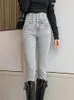 Dżinsy damskie Jrjl Grey High Talies for Women 2024 Modna Modna Klasyczne przyciski, proste długie spodnie