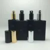 Flacon pulvérisateur de parfum en verre rechargeable, carré plat, noir mat, cosmétique, 30ml, 50ml, 100ml