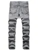 Mäns stretchig denim jeans streetwear rivande lapptäckhål rippade denim elastiska midja casual byxor smala passform raka byxor 240106