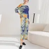 Dames Tweedelige Broek 2024 Geplooide Sets Lente/Zomer Mode Print Ronde Hals Top Hoge Taille Afhangend Cropped Pak Voor Vrouwen