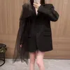Ternos femininos versáteis e práticos 2024 outono inverno estilo coreano blazer para mulheres solto retalhos malha casual preto pequeno terno casaco